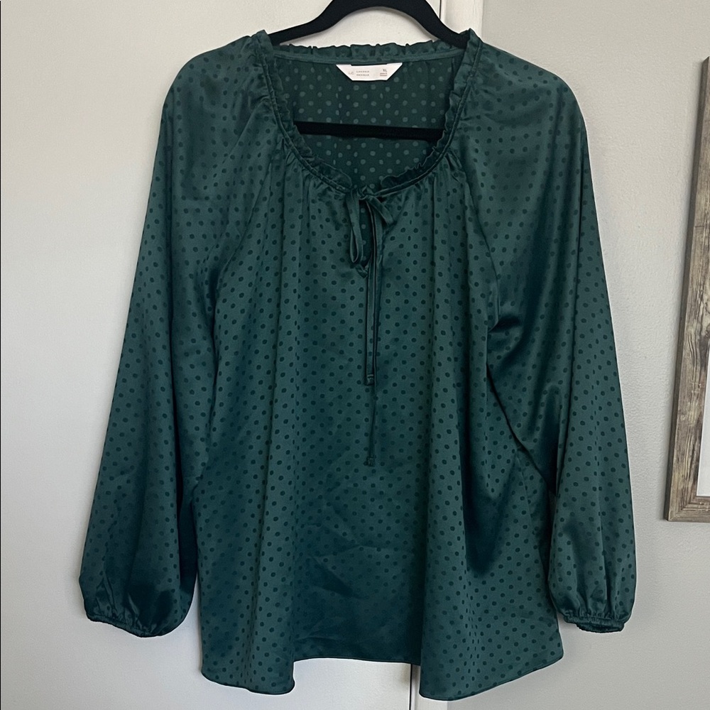 LC Lauren Conrad Dark Green Blouse with Polka Dots